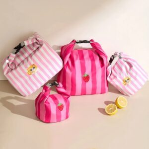 New Pink Striped Strawberry Cat Insulated Cute Lunch Handbag Large Capacity Folding Roll Bento Picnic Food Fresh Cooler