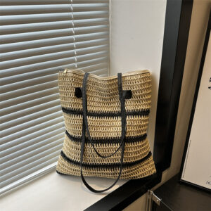 Straw Woven For Women 2026 Summer New Fashion Simple Large Capacity Shoulder Casual Commuter Striped Tote Bag