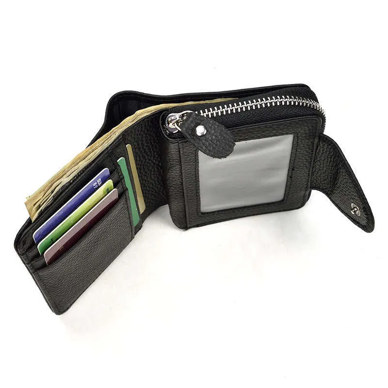 Men's Short Zipper Small Black Genuine Leather Multi-Card Slot Coin Purse Cowhide Wallet - Image 5