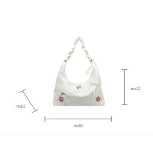 Floral Embroidery Ruffle Tote For Women Adjustable Strap Soft Fabric Large Student Shoulder Bag