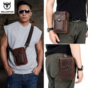 BULLCAPTAIN Crazy Horse Leather Male Phone Pouch Bags Waist Men’s Small Chest Shoulder Belt Bag Back Pack YB075