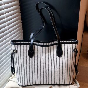 Women’s Stylish Striped Color-Block Tote – Large Capacity PU Leather Casual Shoulder With Zipper Closure For Everyday