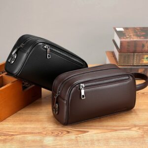 Men’s Handbag with Fingerprint Lock Clutch Phone Storage Underarm Bag Popular Style Lychee Leather