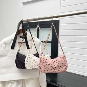 Women Corduroy Bow Print Hobo Underarm Bag Chain Splicing Strap Sweet Coquette Casual Shoulder Purse