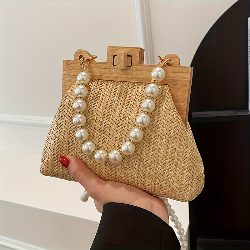 Bohemian Rattan Straw Bag Elegant Pearl Shoulder Chain Ladies Holiday Beach Party Purse - Image 6