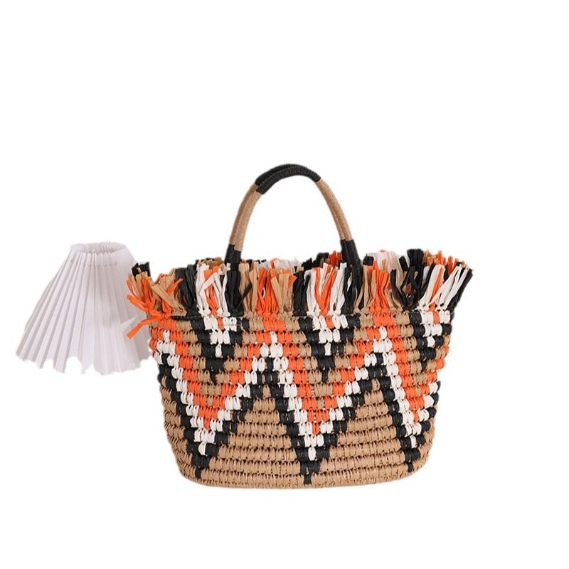 Retro Straw Loose Edge Hand Held Colorblock Woven Seaside Holiday Beach Women's Bag - Image 5
