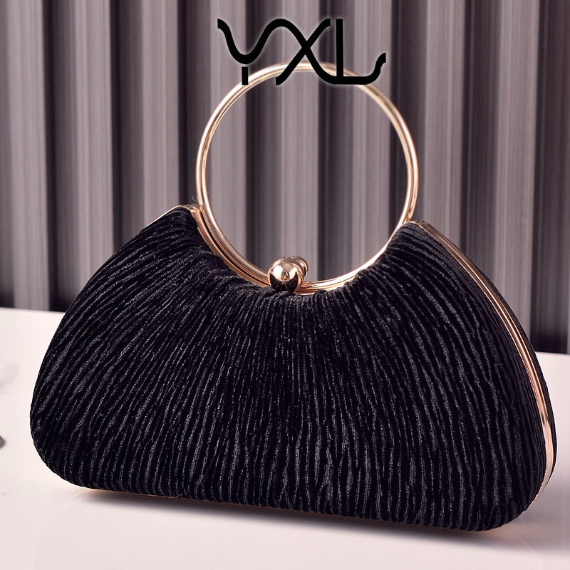 New Velvet Party Metal Ring Portable Dinner Wrinkled Silver Banquet Dress Chain Women's Bag