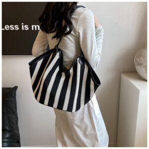 New Large-capacity Shoulder With Niche Design, Knitted Handbag, Versatile Striped Woven Tote Bag For Commuting
