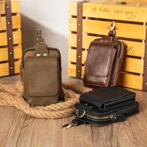 Retro Waist First Layer Cowhide Men’s Work Site Wear Belt Vertical Genuine Leather Mobile Phone Bag
