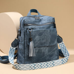 Women’s Ethnic Style Soft Leather Backpack Multi-Compartment Large Capacity Versatile Wide Shoulder Straps Tassel