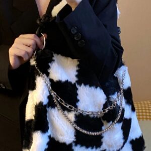 Y2K Spicy Girls Chessboard Checker Small Crowd Tote Large Capacity One Shoulder Portable Plush Bag Tide Autumn And