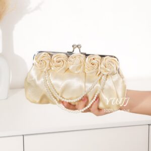 French Style Pearl Handbag Vintage Handheld Cheongsam 3D Rose Flower Satin Wedding Bridesmaid Evening Bag
