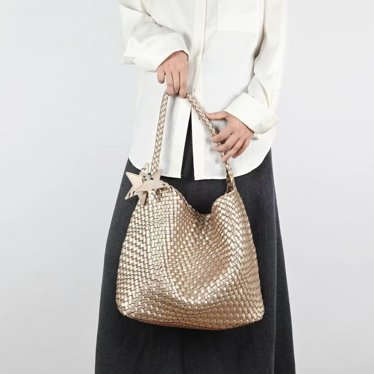 Champagne Color Woven Pattern Tote For Women, Large Capacity, Handheld And Shoulder Bucket Bag - Image 3