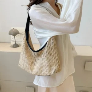 Women Woven Shoulder Large Capacity Casual Portable Top Handbags Knitting Holiday Beach Shopping Bag 250312