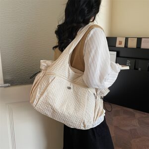 Ins Minimalist Beige Jacquard Dot Tote Bag Soft Light Fabric Multi Compartment Design Ladies Commute Travel Casual