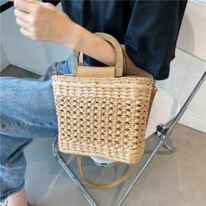 Women Basket Straw Wood Handle Shoulder Crossbody Casual Designer Rattan Woven Summer Travel Handbag Female Beach Bags