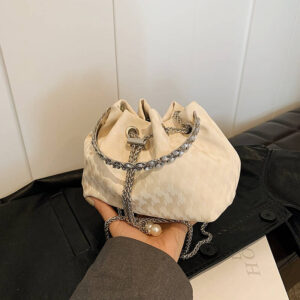 Minimalist Soft Fabric Tiny Drawstring Bag Ladies Pearl Decor Chain Shoulder Handbag