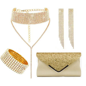 Women’s Jewelry Set – Elegant Rhinestone Geometric Fringe Necklace Earrings Bracelet Clutch Bag 4-Piece Evening Party
