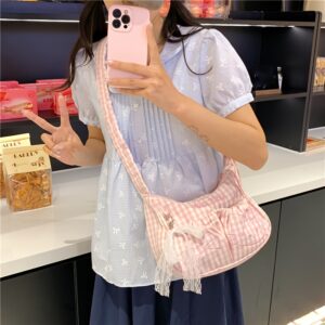 Women Pink Gingham Plaid Ruched Hobo Crossbody Bag Twisted Strap Sweet Coquette Casual Shoulder Purse