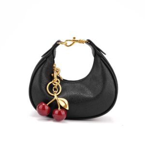 Mini Crescent Handbag Cherry Charm – Stylish PU Small Purse For Women, Compact Wallet With Zipper Closure (Black)​