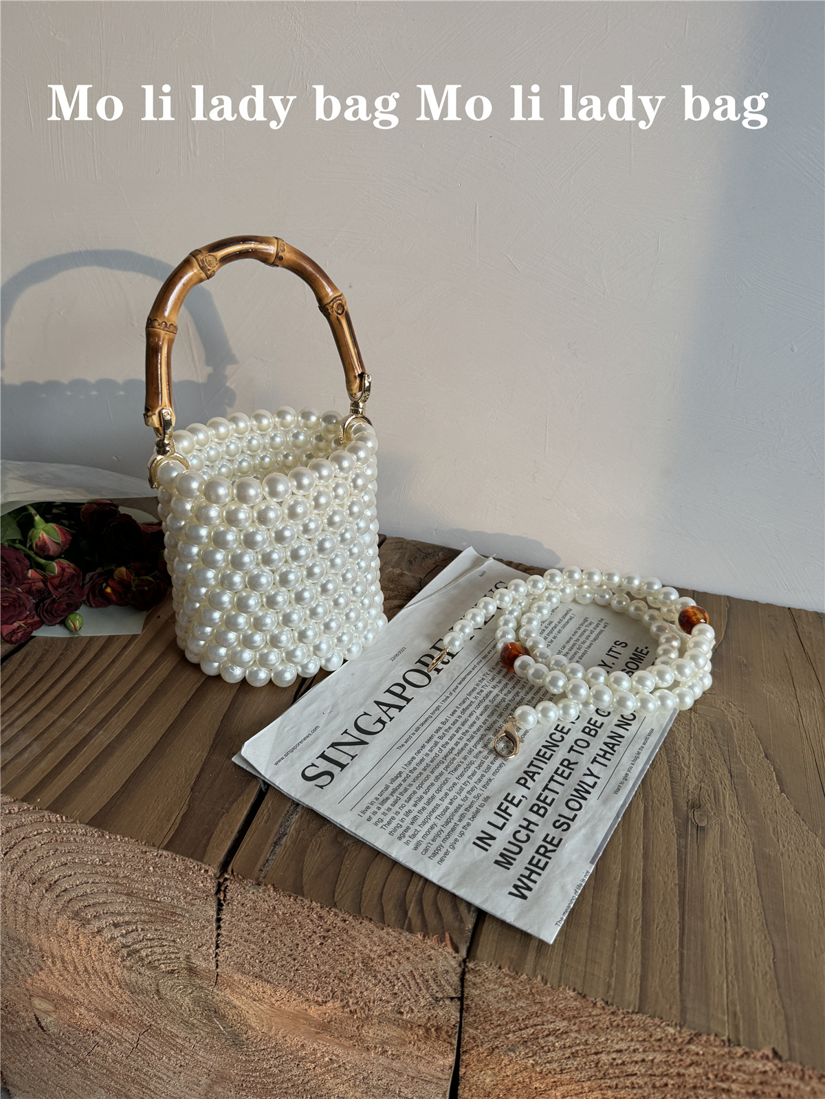 Bucket Bamboo Advanced Sense Of Metal Pearl Beaded Women's Bag - Image 5