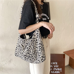Korean Emis Trendy Leopard Print Canvas For Women, Casual Style Tote Bag, Large Capacity Commuter Niche Shopping Bag