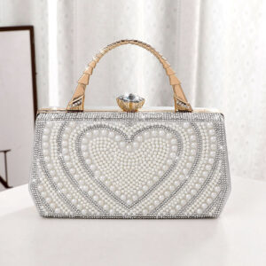 Pearl & Rhinestone Heart Pattern Evening Clutch Bag, Gold‑Plated Handle Hardcase Purse, Sparkly Bridal Handbag For