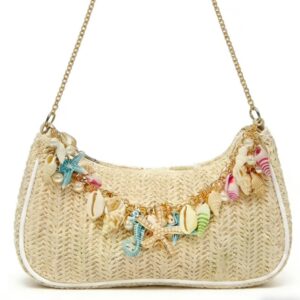 Cross-border Wholesale Trendy Shell Pearl Straw Underarm Bag, Fashionable Chain Versatile Handbag, High-end Shoulder Bag