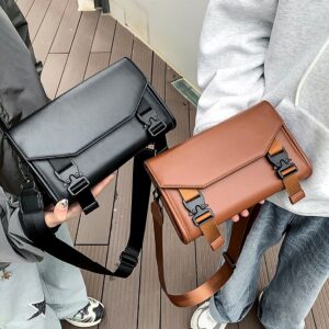 Unisex Crossbody Sling – Minimalist Lock-Flap Phone Pouch | Waterproof PU Messenger Bag For Daily Commute (Black/Tan)