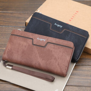 Men’s Long Zipper Wallet, Vintage Faux Leather Clutch Purse, Large Capacity Hand Held Wallet With Wrist Strap