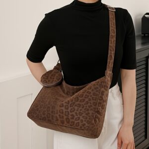 Women Leopard Print Shoulder Bag With Small Coin Purse Retro Fashion Underarm Handbag