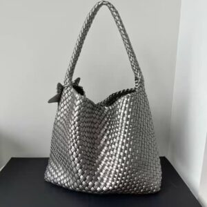Champagne Color Woven Pattern Tote For Women, Large Capacity, Handheld And Shoulder Bucket Bag