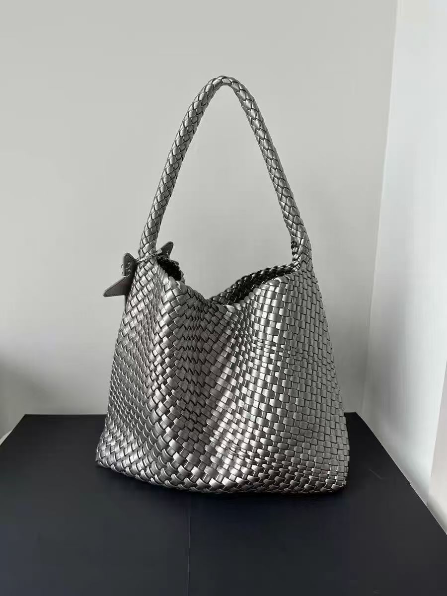 Champagne Color Woven Pattern Tote For Women, Large Capacity, Handheld And Shoulder Bucket Bag - Image 2