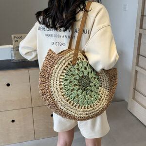 Women’s Large Color Block Vacation Beach Round Zipper Straw Bag