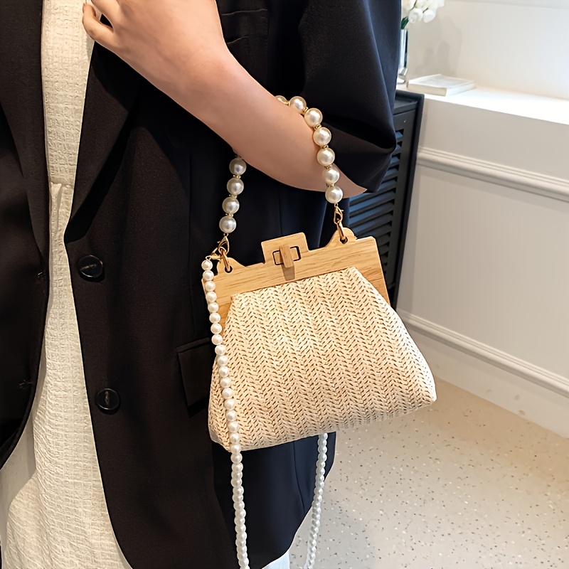 Bohemian Rattan Straw Bag Elegant Pearl Shoulder Chain Ladies Holiday Beach Party Purse - Image 10