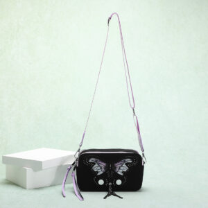 Women’s Stylish Black Matte With Contrasting Butterfly Design, Small Square Bag For Casual Outfits Crossbody Camera Bag.