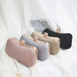 Rhinestone Pearl Pillow Shaped One Shoulder Crossbody Net Diamond Shiny Dress Evening Clutch Bag