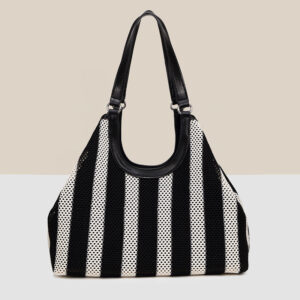 High Quality Woven Striped Canvas Bag, Large Capacity Commuting Black And White Checkered Tote Bag