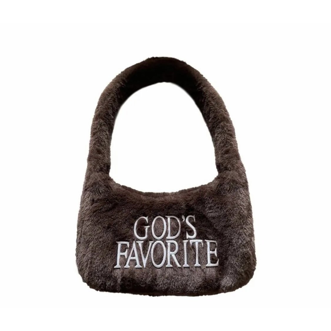 Praying Brown Plush Shoulder With Embroidered Letters Cute Clutch Bag For Women - Image 5