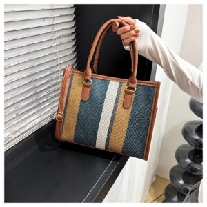 Large Capacity Handheld Tote For Women 2026 New European And American Trendy Canvas Color-Block Striped Single Shoulder