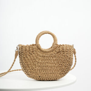 Medium handmade straw woven seaside beach vacation summer street fashion semi-circular double ring handle shoulder