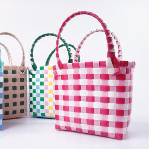 Ins Summer Dopamine Handmade PP Color Block Plastic Woven Square Handbag Beach Bag