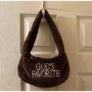 Praying Brown Plush Shoulder With Embroidered Letters Cute Clutch Bag For Women