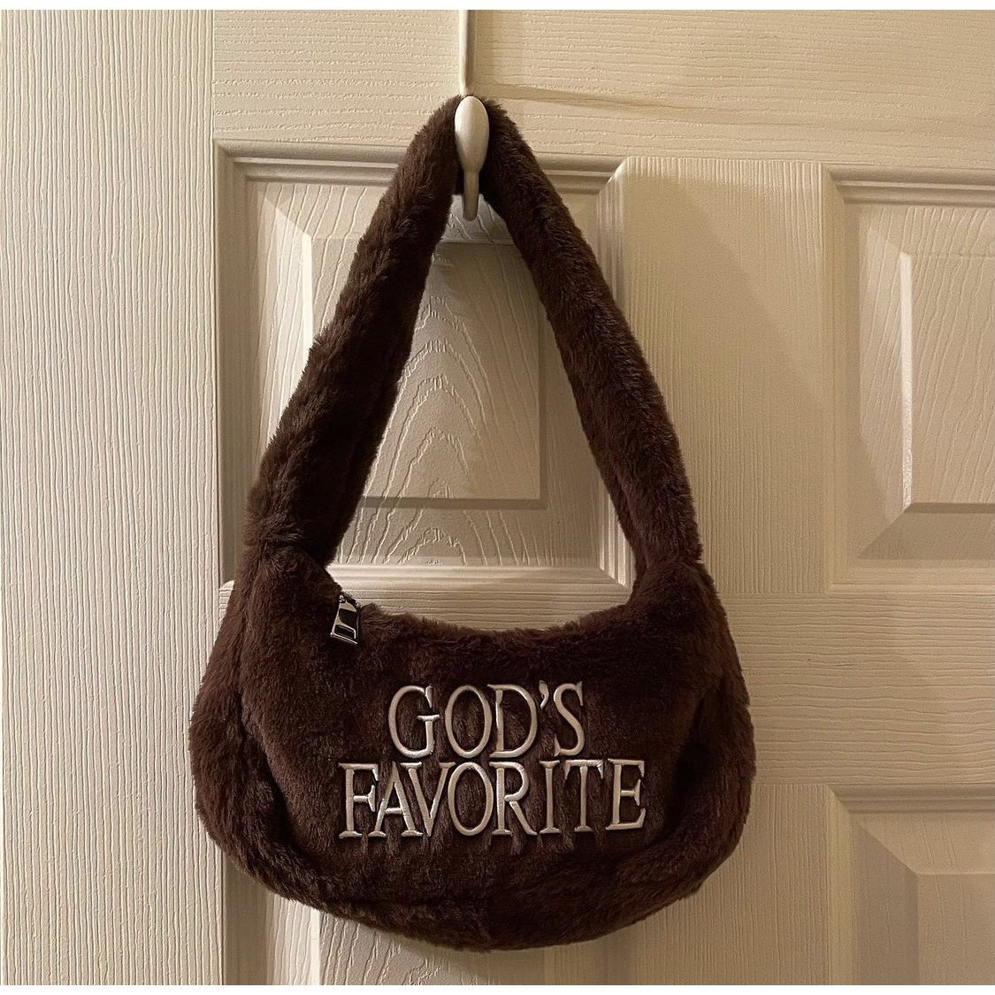 Praying Brown Plush Shoulder With Embroidered Letters Cute Clutch Bag For Women