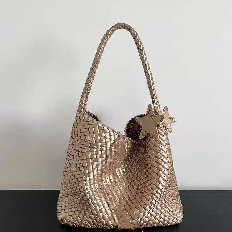 Champagne Color Woven Pattern Tote For Women, Large Capacity, Handheld And Shoulder Bucket Bag - Image 6