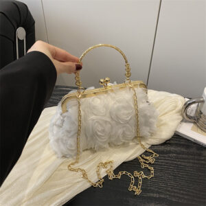 Champagne Colored Chiffon 3D Floral Evening Handmade Women’s Cheongsam Handbag with Chain Decoration Dress Bag