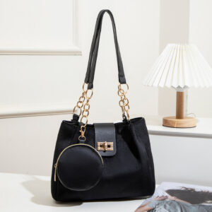 New Women’s Black Suede Crossbody Bag Versatile Commuter Shoulder Lock Chain Fashionable Handbag