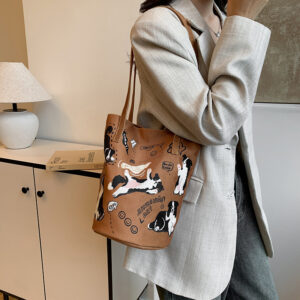 Women’s 2026 New Single Shoulder Spring Summer Cute Puppy Canvas Bucket Large Capacity Casual Tote Bag