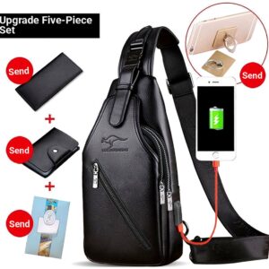 New Men’s Crossbody – PU Leather Chest Shoulder Bag With Multiple Pockets, USB Charging Port & Card Slots (Black/Brown,
