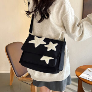 Cute Star Appliqué Canvas Crossbody Messenger Flap Street Style Shoulder Sling Bag Unisex Casual Everyday Handbag